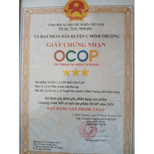 Giấy chứng nhận OCOP 3 sao - Mắm cá lưỡi châu hai lập